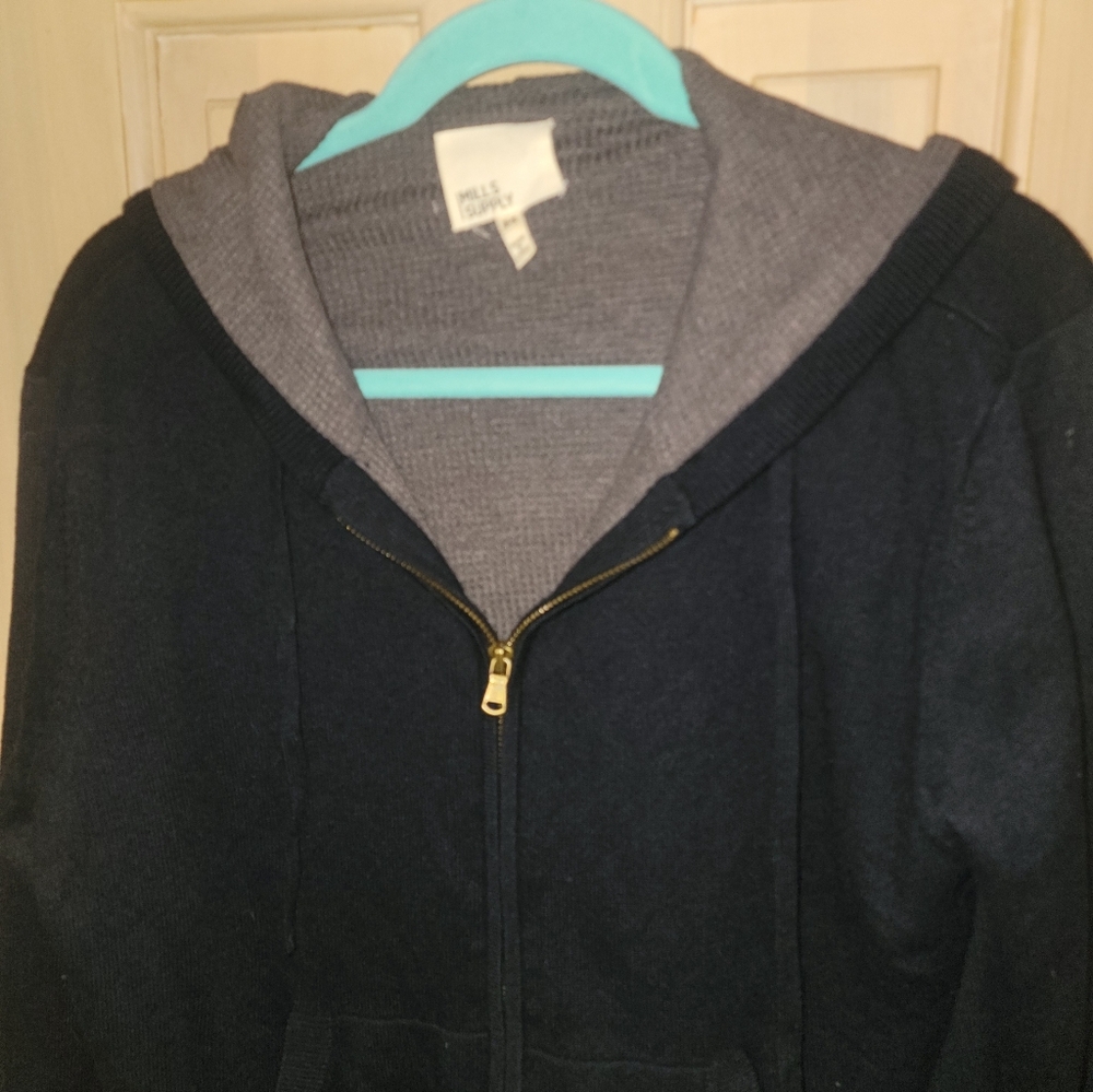 Mens Sz M Mills Supply Splendid Zip Up Thermal Navy Gray Hooded Sweater Jacket - Picture 6 of 7
